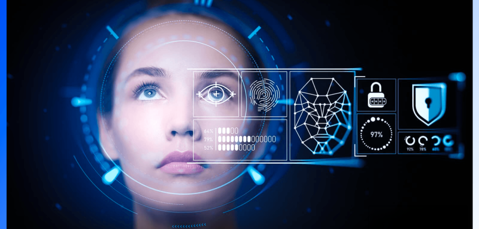 Biyometrik Yüz Tanıma ve Yeni Nesil Güvenlik Teknolojileri Dijital arayüz üzerinde yüz tanıma, iris tarama ve biyometrik veri güvenliğini temsil eden teknolojik sistem görseli.